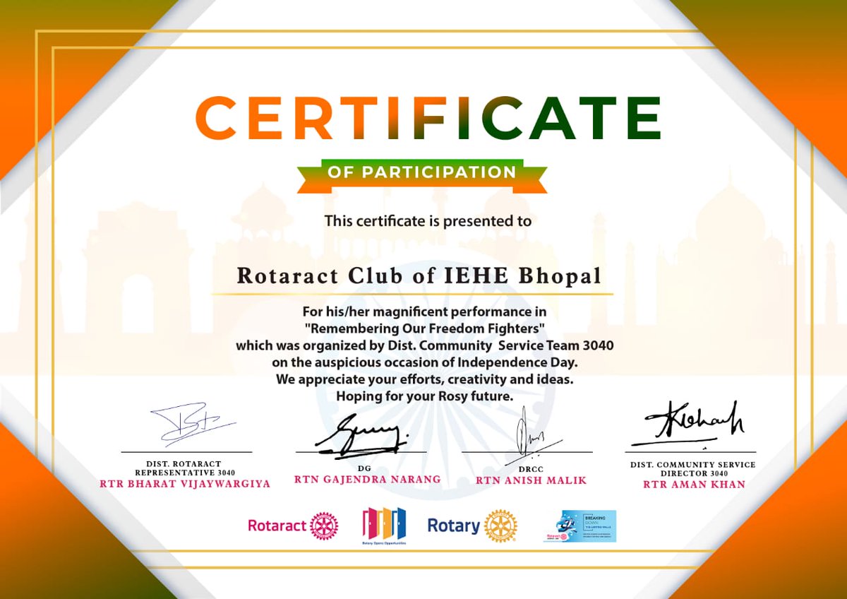 ROTARACT CLUB OF IEHE BHOPAL got certificate for magnificent performance in "Remembering Our Freedom Fighters" which was organized by Dist. Community Service Team 3040 on Independence day. #appreciation
@Rotary3040
@Rotary @rotaract @RotaryGBI @RotaryES https://t.co/sTcBnlCNgs