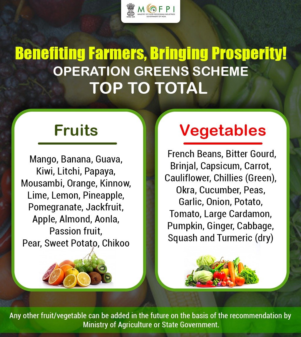 MOFPI_GOI's tweet photo. Following fruits and Vegetables will be eligible under the
#OperationGreens Scheme - 'TOP to TOTAL' based on the recommendation received from the @AgriGoi.
Details here: https://t.co/VamjcZfFyO https://t.co/OlSWBzDQRo