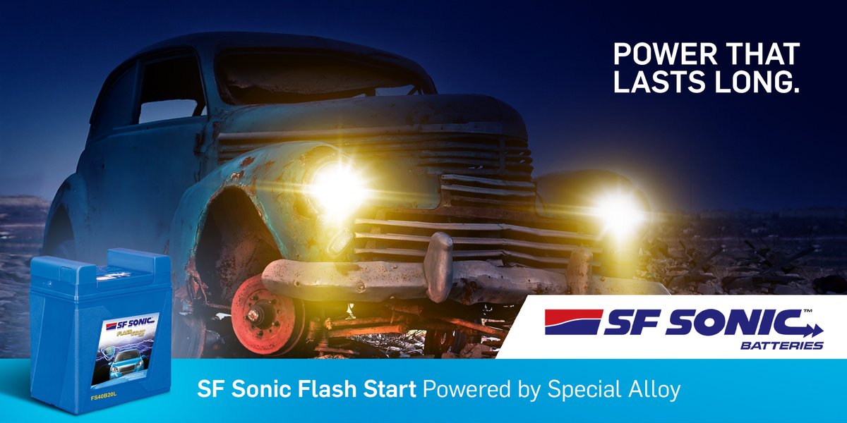 SFBatteries's tweet photo. Your car may stop, but your battery doesn’t have to. SF Sonic Flash Start with the power of Special Alloy, lives longer, and keeps your car running. So, get a Flash Start and let the adventures begin.    
#SFSonic #Battery #power https://t.co/u3IPNaBlit