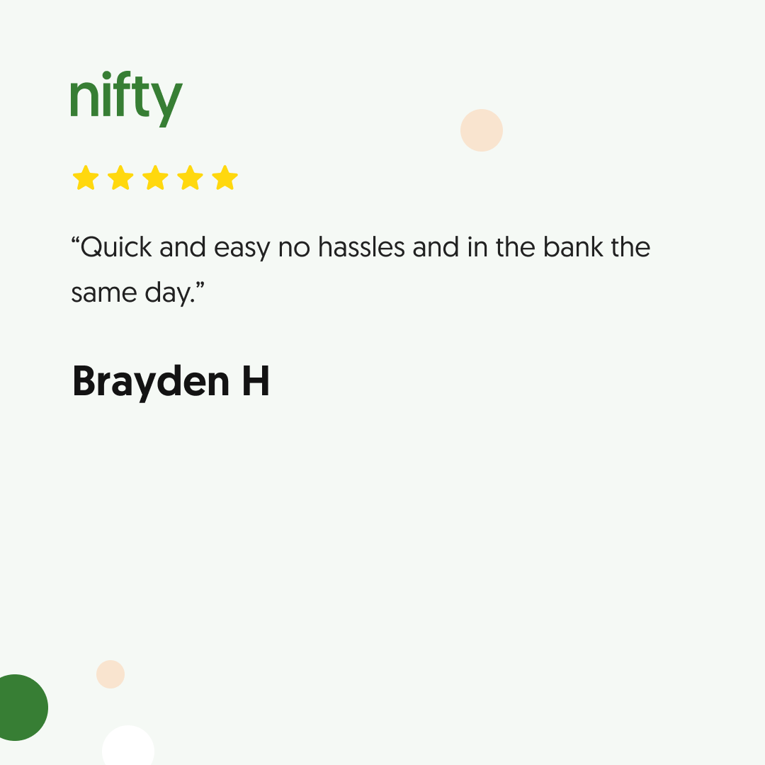 niftyloans's tweet photo. Thanks for the great review, Brayden. Hassle-free is what we aim for! 💚 https://t.co/hsWFLMB5Wc