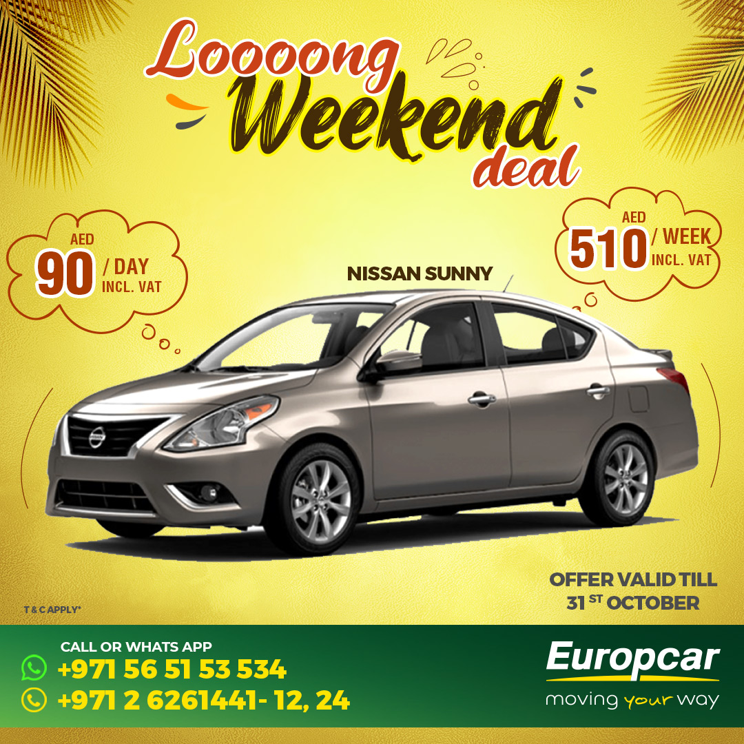- LOOOONG WEEKEND DEAL -
Offer valid till 31st October 2020
T&C Apply*
Book Now Via Whats App or Call : +971 565153534
Call : 02 6261441-12, 21
Your booking is just one tap away, click the link and get your car rental
https://t.co/7VJiJ2Ll28
#europcar #inabudhabi #movingyourway https://t.co/axVv6S0RqL