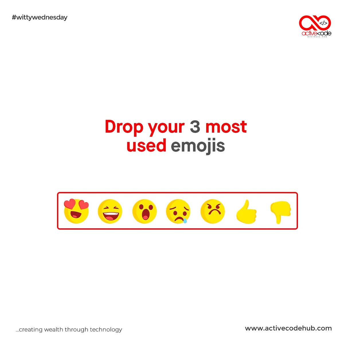 ActivecodeHub's tweet photo. If you observe closely, you will see that there are at least three emojis that you use everyday.
Now, share those emojis with us.
#wittywednesday #activecode https://t.co/UoU69A0g7l