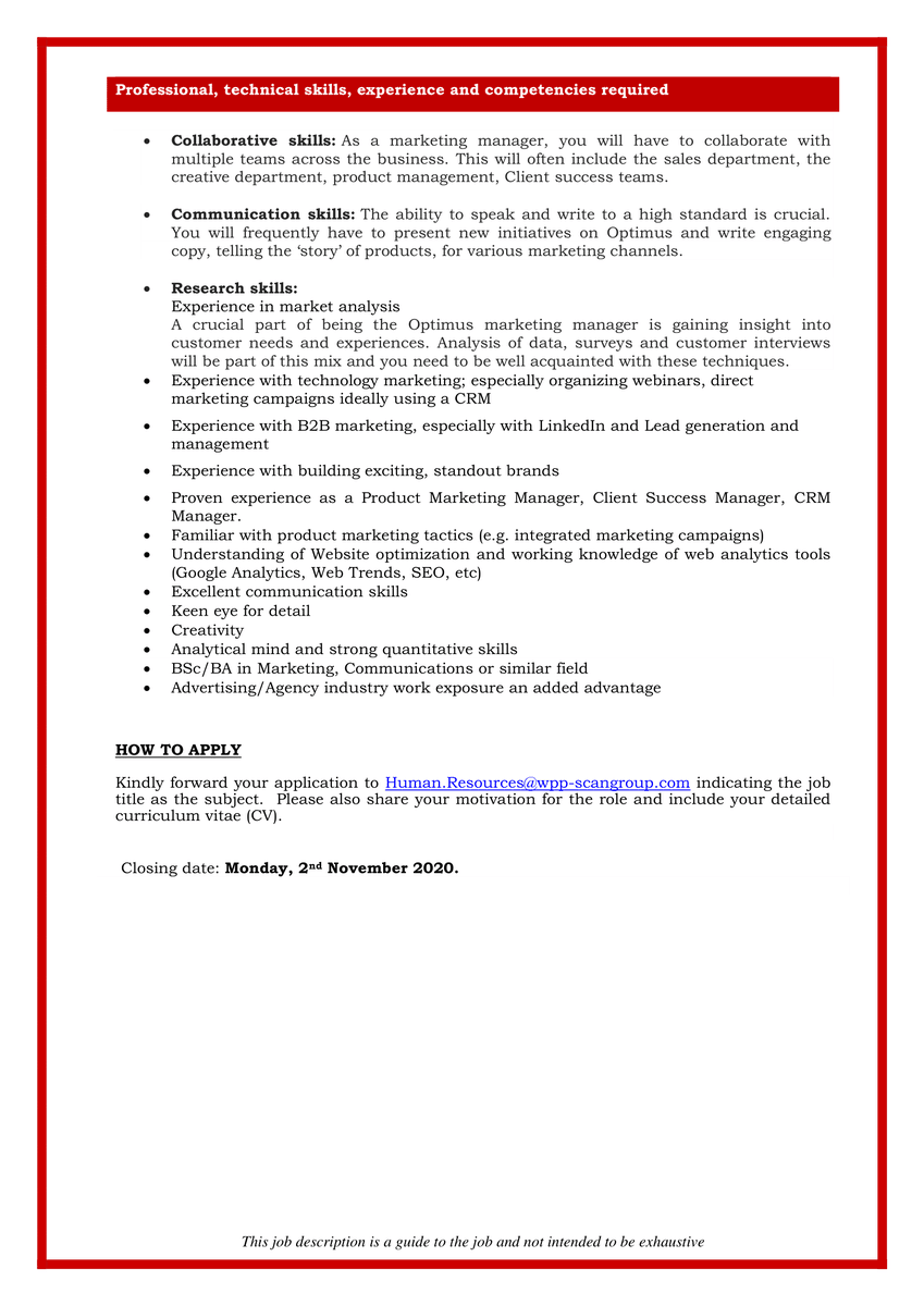 #WeAreHiring-Marketing Manager-Optimus.

Kindly forward your application &amp; CV to Human.Resources@wpp-scangroup.com