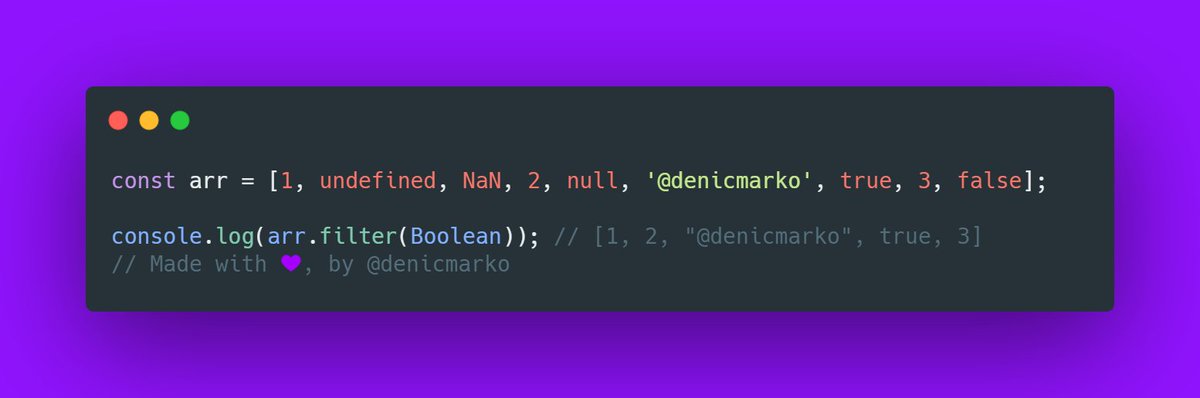 denicmarko's tweet image. JavaScript tip:
Remove all falsy values from an array: