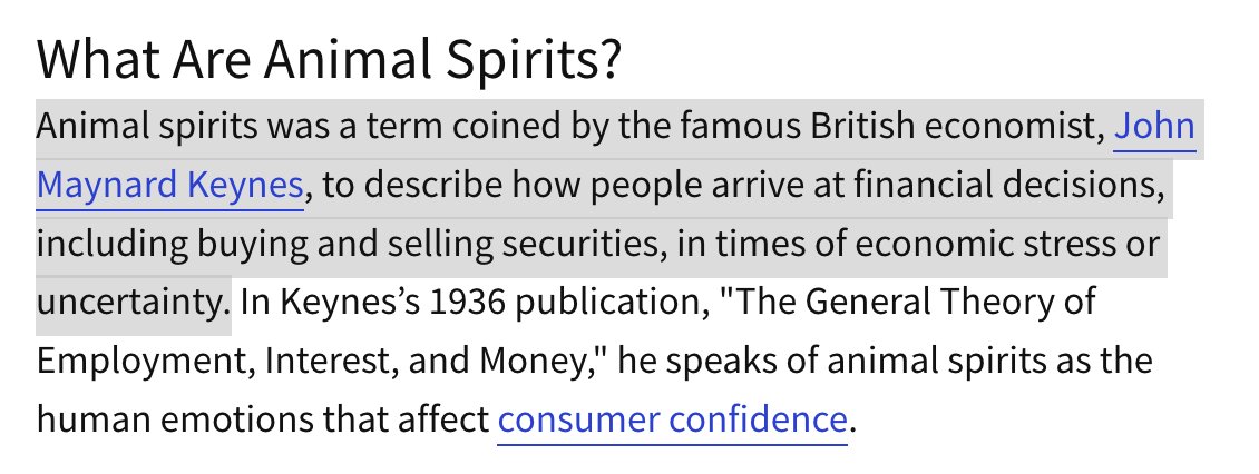 I keep seeing the assertion that Keynes coined the term "animal spirits" in 1936 to talk about investors. This was an *extremely* common term during the 19c, meaning something like "energy," in the sense of "life force." This was probably common knowledge when Keynes was young.