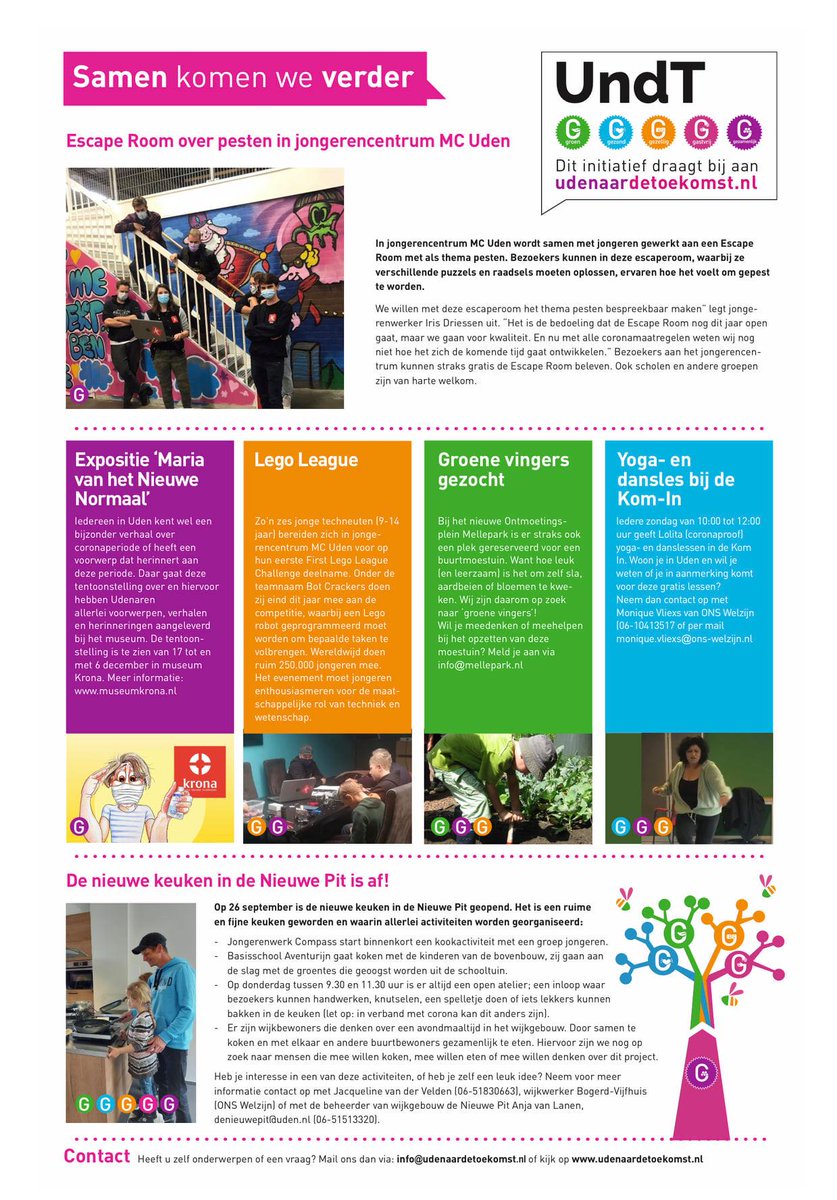 UdenToekomst's tweet photo. Vandaag staat inze mooie ‘Samen komen we verder’ paginaweer in het UdensWeekblad! Met deze maand o.a. aandacht voor het anti-pesten project van jongerencentrum MC, Coronaproof yoga en danslessen in de Kom-in en nog veel meer! Veel leesplezier weer! https://t.co/NbK2lirF7G