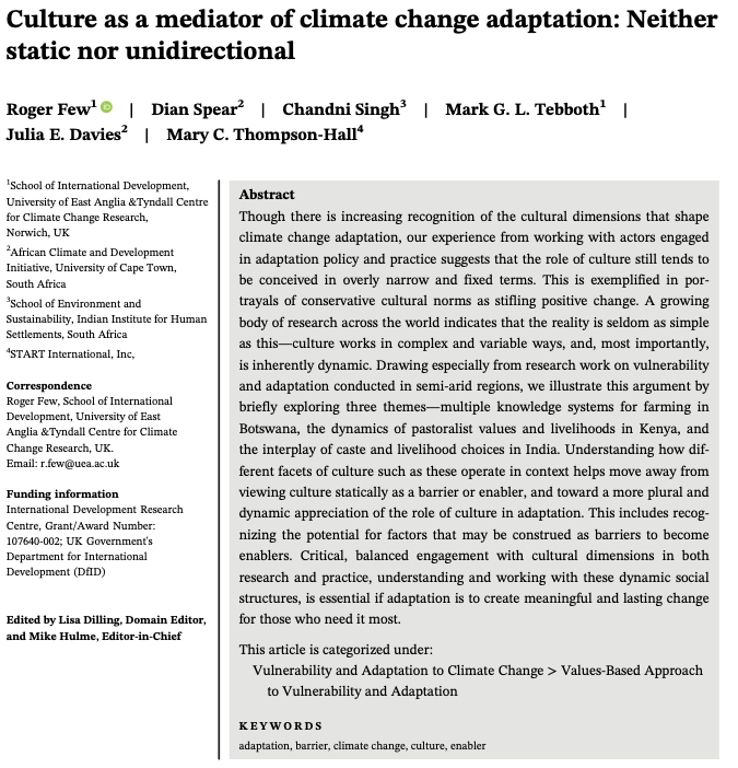 NEW PAPER Culture as a mediator of climate change adaptation out now led by the twitterless Roger Few tinyurl.com/y4ulff4f. Synthesizing findings from @ASSARadapt research funded by @DFID_UK @IDRC_CRDI