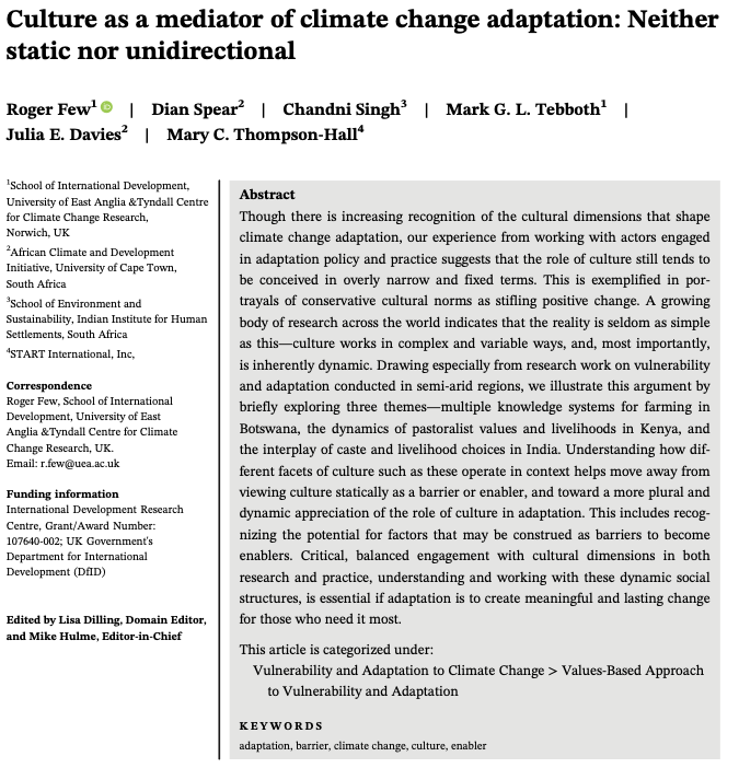 NEW PAPER Culture as a mediator of climate change adaptation out now led by the twitterless Roger Few tinyurl.com/y4ulff4f. Synthesizing findings from <a href="/ASSARadapt/">ASSAR</a> research funded by <a href="/DFID_UK/">DFID</a> <a href="/IDRC_CRDI/">IDRC | CRDI</a>