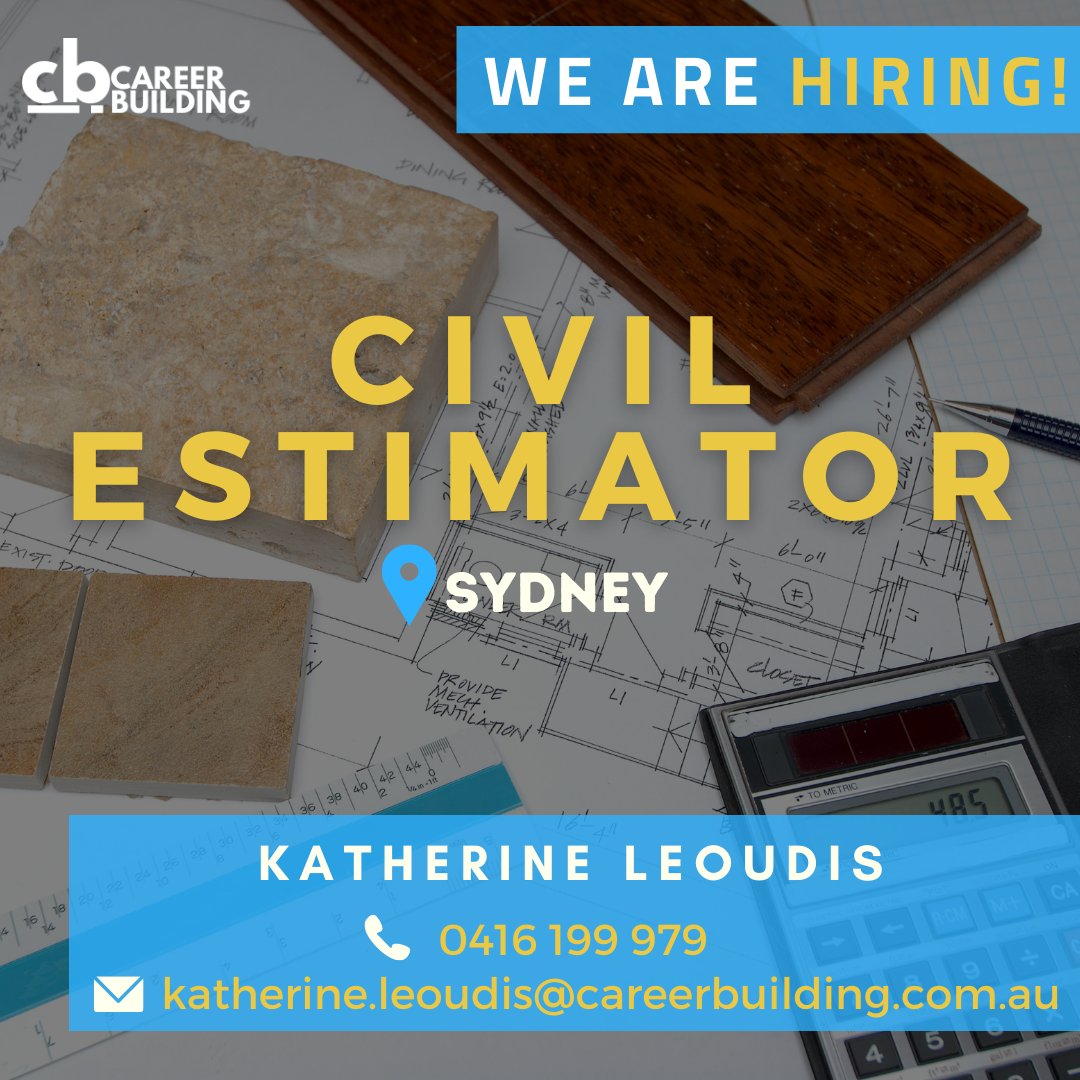 zondaAU's tweet image. We are hiring an experienced Civil Estimator in #Sydney!

To apply, please contact
Katherine Leoudis
📞 0416 199 979
💬 katherine.leoudis@careerbuilding.com.au

You can also apply via this link:
bit.ly/34x0tCo

#civilestimator #engineer #JobSearch #jobs #jobseeker