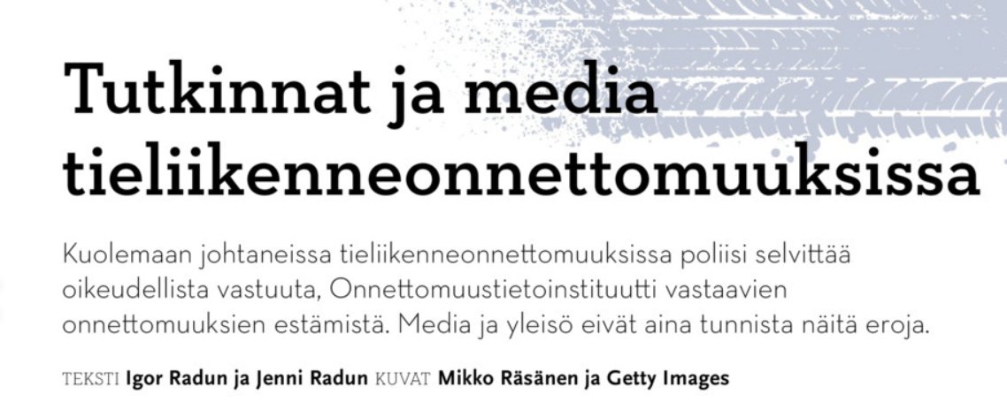 Liikennepsykol1's tweet photo. Kiinnostava Radun & Radun teksti (Tutkinnat ja media tieliikenneonnettomuuksissa) julkaistiin juuri AKT-lehdessä (s. 12-13)! 😉
#liikenneturvallisuus #media #onnettomuudet #kolarit #journalismi #pyöräily
@Onnettomuusdata @Liikenneturva
https://t.co/9cRjUegRdZ https://t.co/1rIJJIRRnn