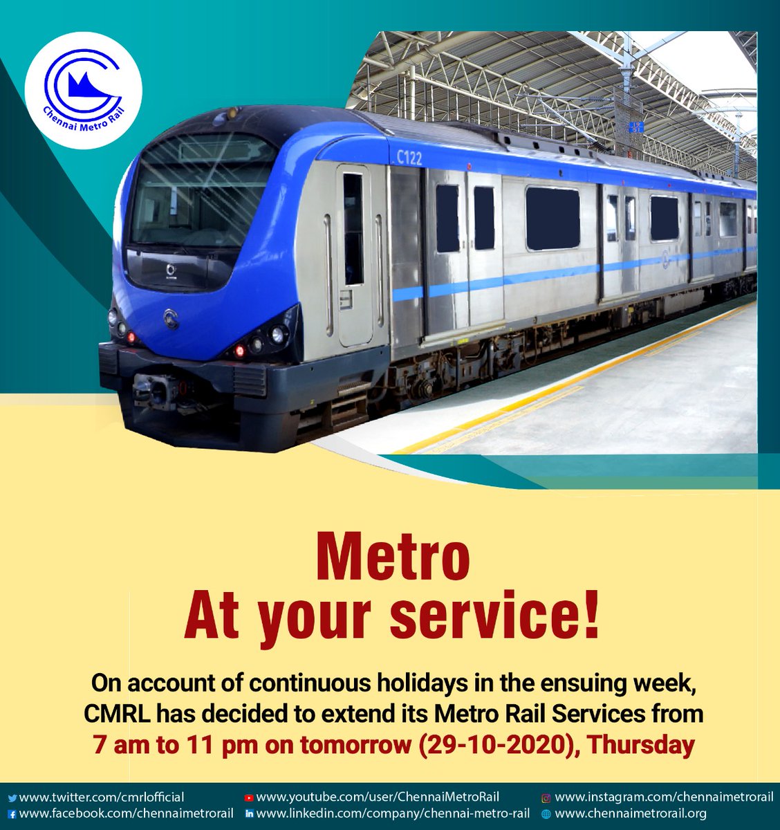 cmrlofficial's tweet photo. On account of continuous holidays in the ensuing week, CMRL has decided to extend its Metro Rail Services from 7 am to 11 pm on tomorrow (29-10-2020), Thursday.
#ChennaiMetro #saferide #traintimings #chennaimetrorail #chennai #LiveNonStop #nammachennai #commuterlife #metrotravel https://t.co/nXXr3lpk99