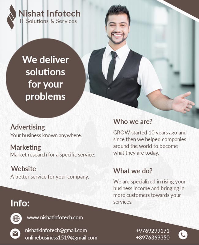 No Pandemic can stop your Business #GoDigital
Get your Professional Website ready in just 72 hrs. One Stop solution for all your digital needs.
For more Information Call us at :
+91-9769299171 Or +91-89763 69350
<a href="/www/">WWW</a>.nishatinfotech.com