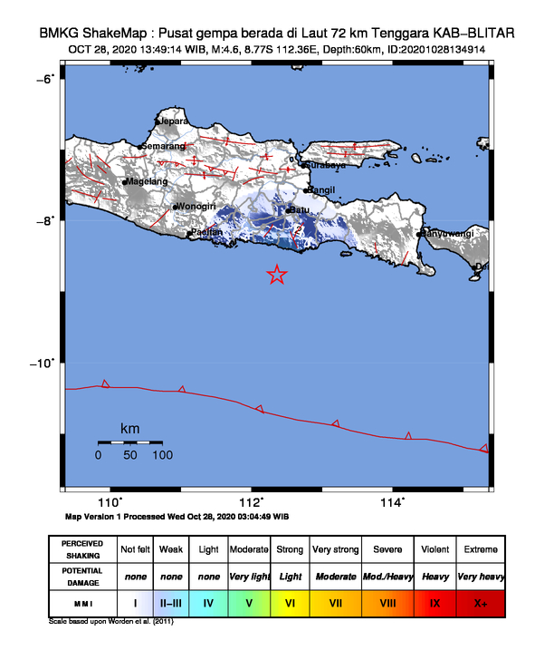 #Gempa Mag:4.6, 28-Okt-20 13:49:14 WIB, Lok:8.77 LS, 112.36 BT (Pusat gempa berada di Laut 72 km Tenggara KAB-BLITAR), Kedlmn:60 Km Dirasakan (MMI) II Sawahan, II Kediri, II Pacitan, II-III Blitar, II-III Tulungagung, II-III Trenggalek, II-III Malang #BMKG