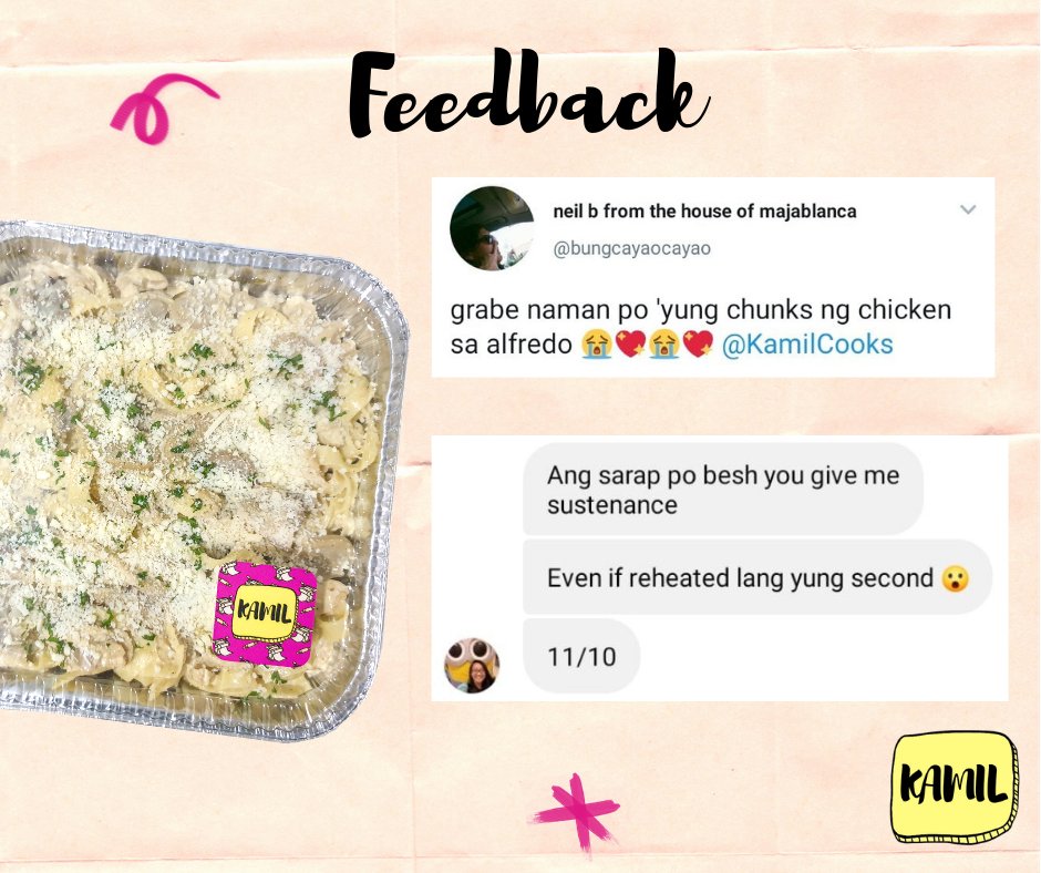 KamilCooks's tweet photo. Here are some more feedback from our beloved customers! ππ #KamilGetsFeedback
You can also get a taste of our homemade pastas by sending us a message! β€οΈ
What else are you waiting for? Check out our menu at #KamilMenu!
PLACE YOUR ORDERS NOW! π https://t.co/fr7PKZak76