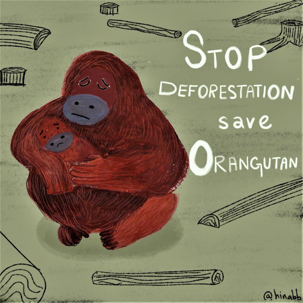 hinabbart's tweet photo. Hi all 
This is my poster illustration for @editartz prompt is deforestation.
Half of the Bornean rainforests are cleared to benefit the palm oil industry and its sub-groups. The deforestation leaves the orangutan and thousands of other species without a home.#illustration #art https://t.co/iyWrt7OWzx