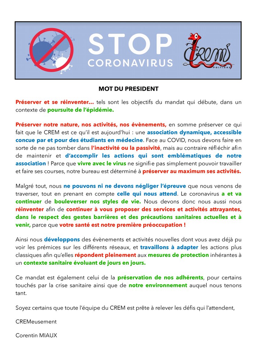 CREMPoitiers's tweet photo. 👋Bonjour tout le monde,👋

✏️Voici un mot du président du CREM, concernant notre mission et notre but pour cette année en adéquation avec les mesures sanitaires✏️

Bonne journée https://t.co/acLkM0p5d4