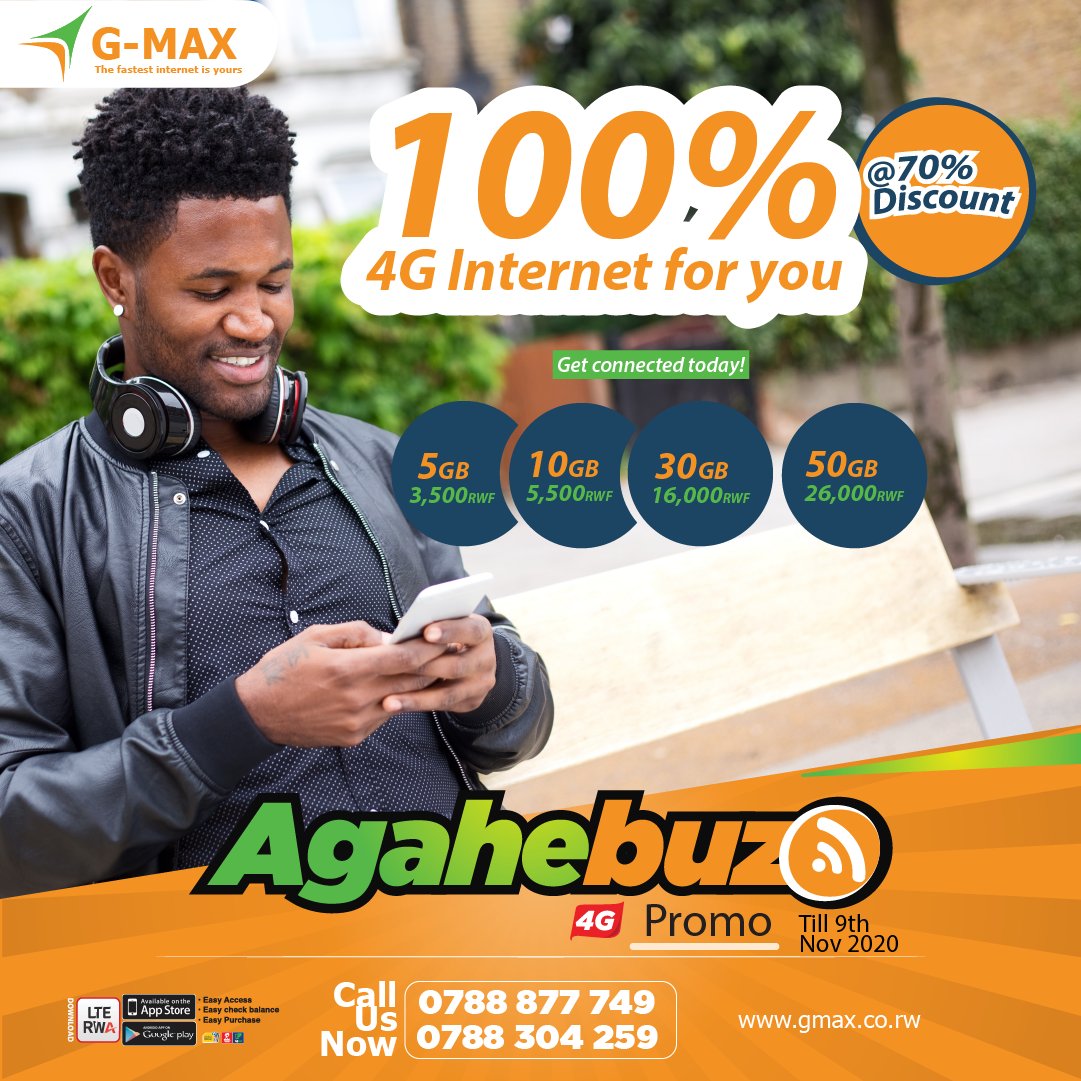 GMaxRwanda's tweet photo. Experience the true #power and #speed of 4G internet @ a 70% #discount with #unlimited tethering speed. 🤗
Get connected today.

#Agahebuzo #4Gforall #4GBundlePacks #GMax https://t.co/csbmD6Yq62
