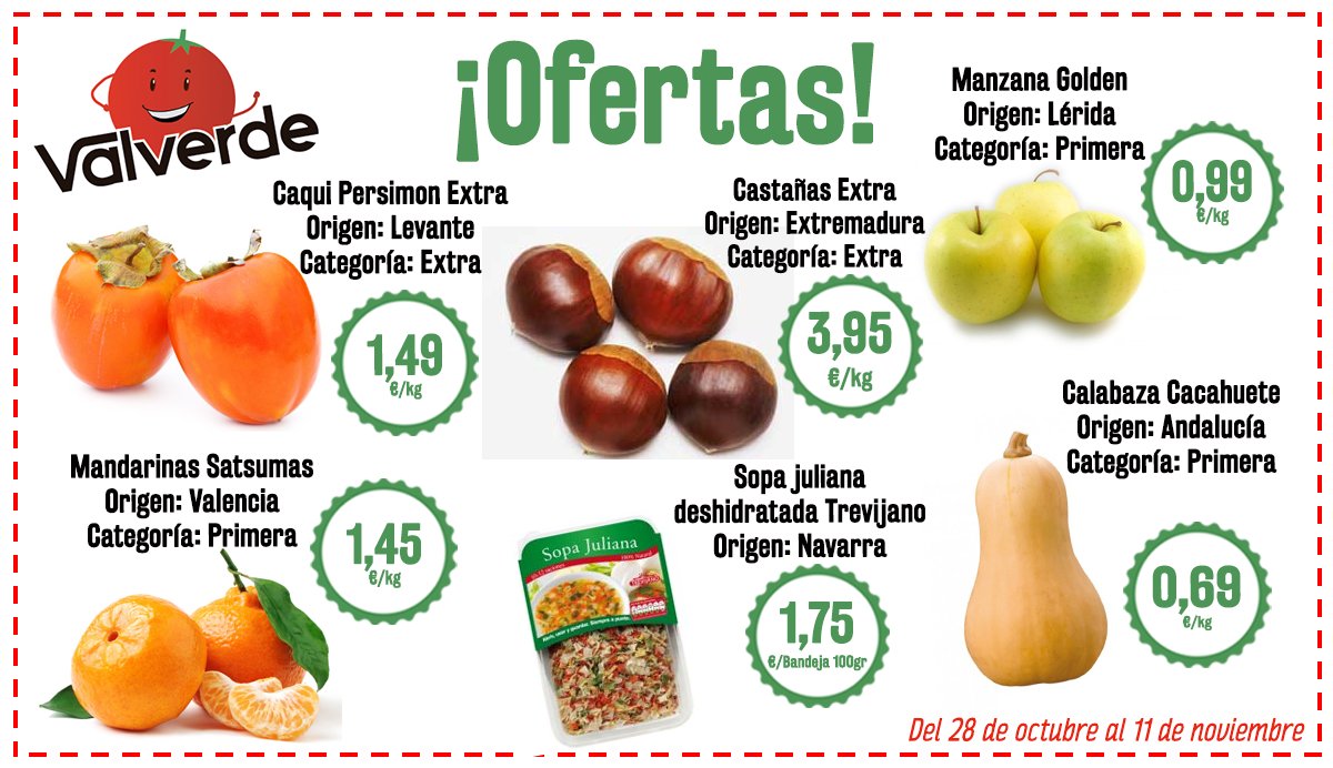 frutasvalverde's tweet photo. 🍊🍏 Como cada mes llegan las #Frutiofertas de #FrutasValverde.
🌰 Este mes no te quedes sin las deliciosas #frutas, #verduras y #castañas de temporada a un #súperprecio 👇👇
Promoción válida hasta el 11 de noviembre
#CalidadValverde https://t.co/q4zTLEFtmj