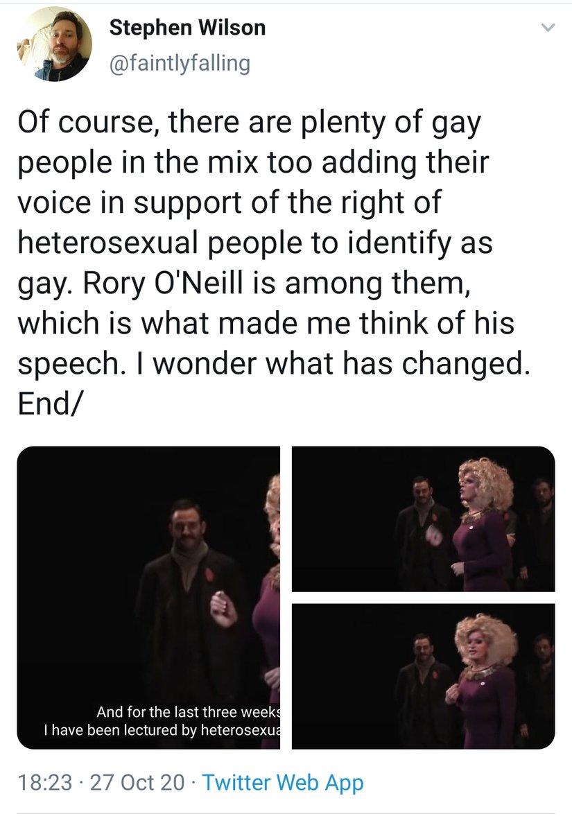 Stephen, Graham Linehan's "gay man who agrees with me," finds the support of trans rights to be homophobic.He asks "what has changed" since the 2015 marriage referendum, and why plenty of Irish gay people "now" disagree with him.They didn't change, Stephen.You did. 1/