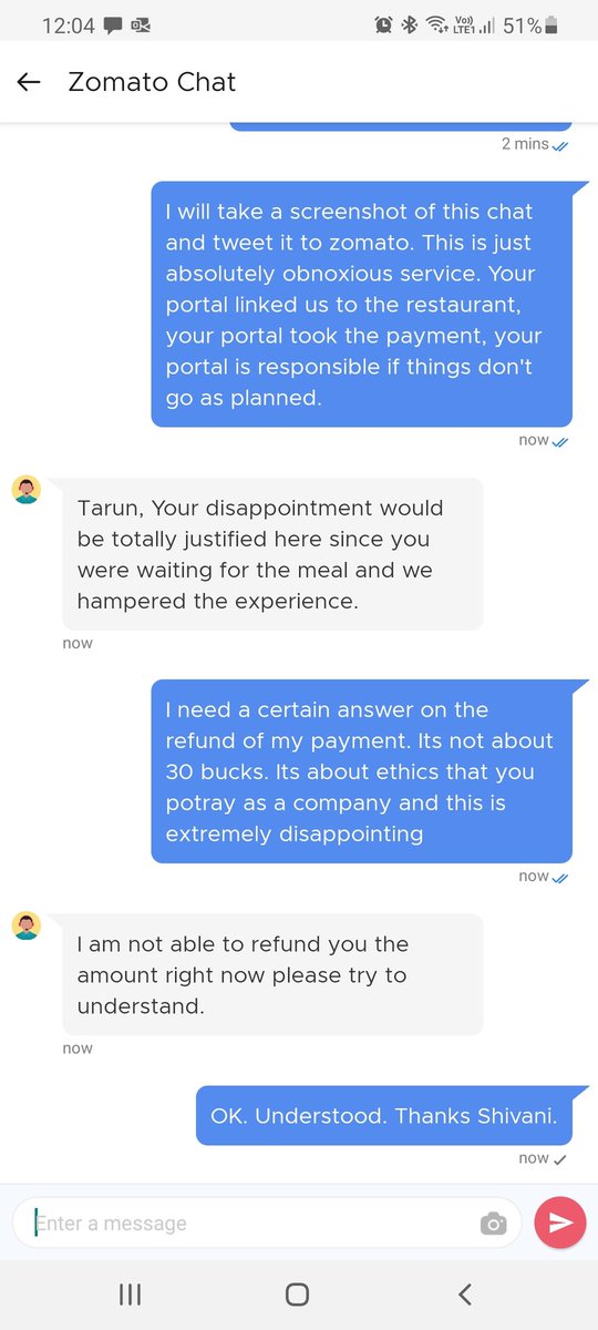 TarunUD7's tweet photo. @Zomato you delay the order by 30 mins of promised time and then you can not cancel or refund the money. What kind of portal is this. The customer care is useless and I am switching to @Deliveroo https://t.co/iTjlLbJpdG