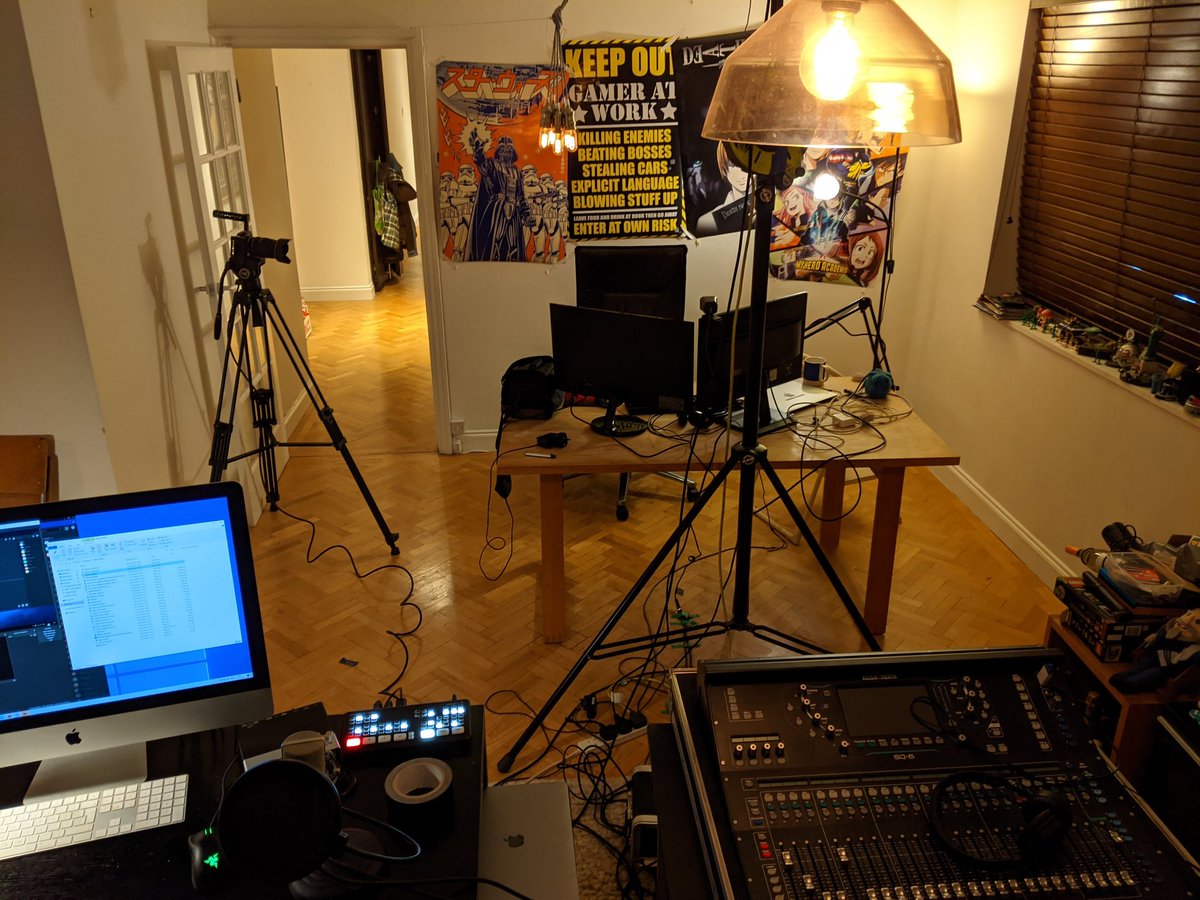 Since the piece had a domestic setting and since I was lacking a theatre of my own we turned my living room into a stream studio with three cameras, a sound desk, lights, a live switcher and came up with a plan that involved three computers working in parallel.