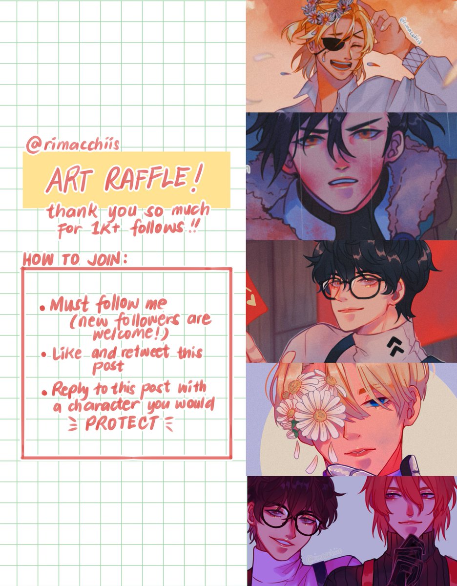 [RTs✨] this long overdue but i finally got a breather in my sched to host an art raffle! thank you so much for 1k+ follows ? winner gets a fully colored half-body illustration of the character they choose! 