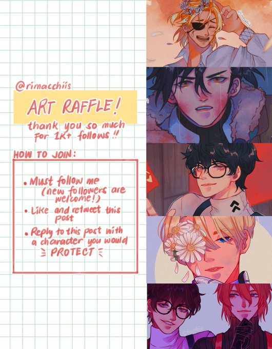 [RTs✨] this long overdue but i finally got a breather in my sched to host an art raffle! thank you so much for 1k+ follows ? winner gets a fully colored half-body illustration of the character they choose! 
