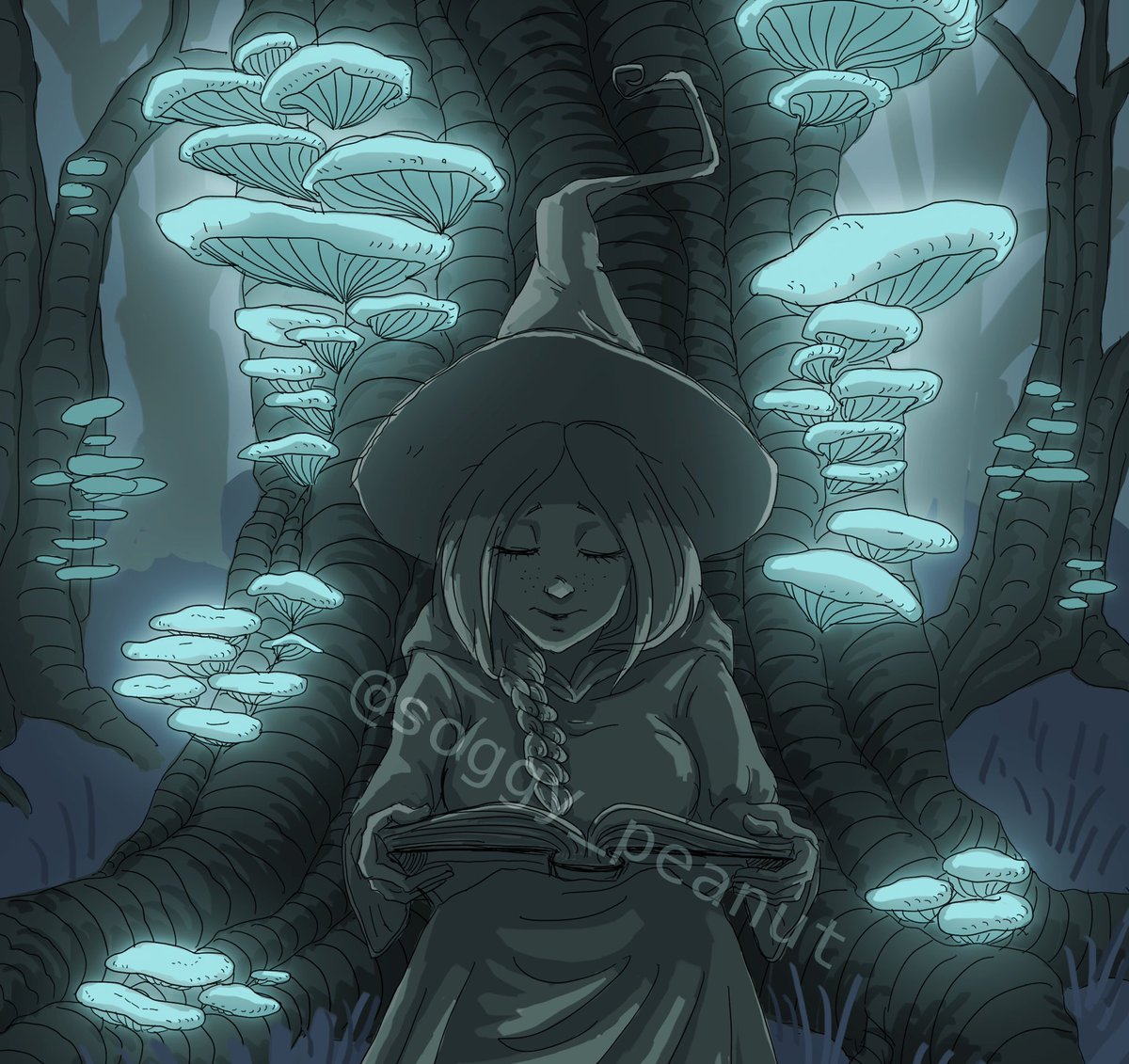 Day 28 - mushroom 
#Witchtober2020 #inktober2020 #glow #glowingmushrooms #forest #night #booklovers #witch #reading