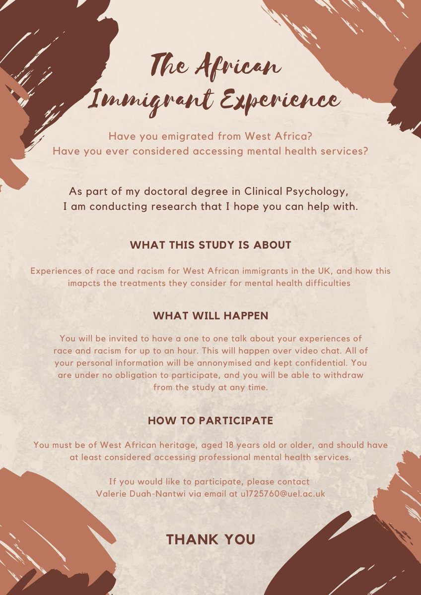 rm_psych's tweet photo. Morning Twitter! My colleague is doing research into the experiences of race and racism for West African immigrants in the UK and how this impacts treatments they consider for mental health. Pls see the flyer &amp; pls RT! https://t.co/KKL9sOWgXf