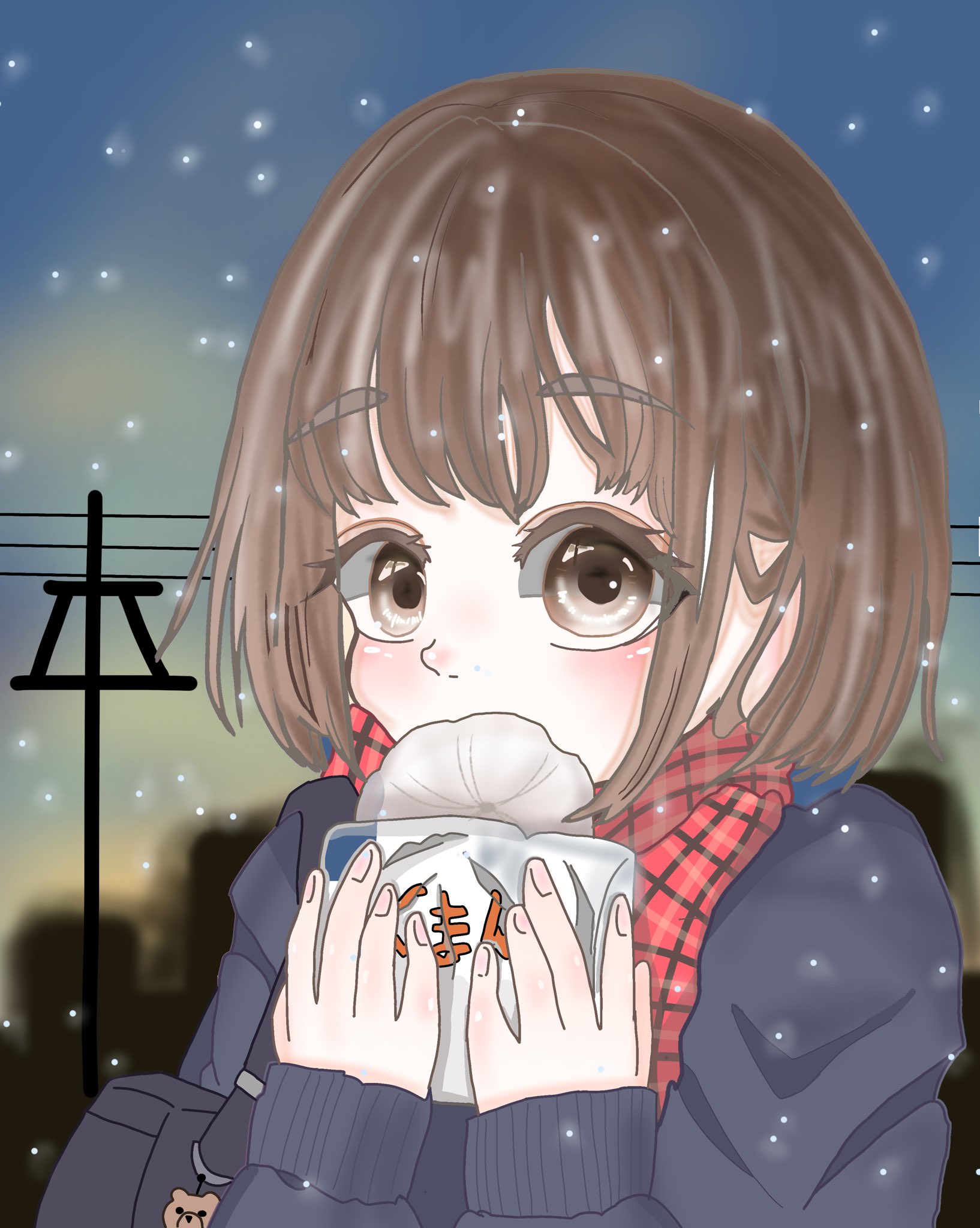 りんごあめ 肉まん食べてたら雪が降ってきったっていう絵 ﾃﾞｽ もうすぐ冬ですねぇ 冬のイラスト 冬の絵 女の子 イラスト デジタル 絵師さんとつながりたい イラスト好きさんとつながりたい 肉まん T Co Nvglguvila Twitter