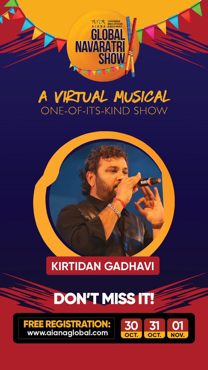 KirtidanGadhvi's tweet photo. Hello Friends,
Catch my rocking performance in Global Navratri Show by “AIANA”
You can enjoy the show on 30th Oct to 1st November on Sharad Purnima weekend at https://t.co/tKZ15dPy75. Register for free on the same website right away.
#virtualnavratri #kirtidangadhviofficial https://t.co/MgSi587rdf