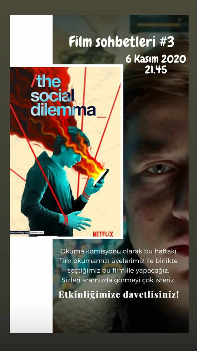 Okuma Komisyonu'muzun 3. Film Sohbeti 6 Kasım 21:45'de "The Social Dilemma" ile gerçekleşecek.  Katılmak için DM'den ulaşabilirsiniz 🎬