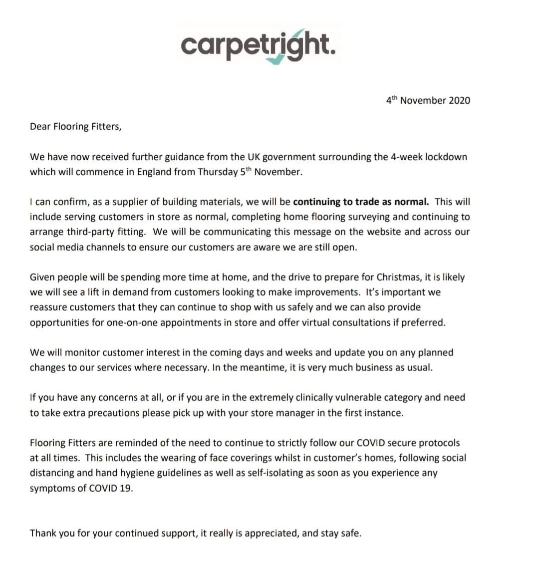 Scootnose's tweet photo. @piersmorgan get a load of this Carpetright have classed themselves as building materials so they don’t have to shut stores, whilst all the small independent stores are following the rules in fear of fines and closing. Profit obviously goes before beating Covid. https://t.co/3k21j0AhTb