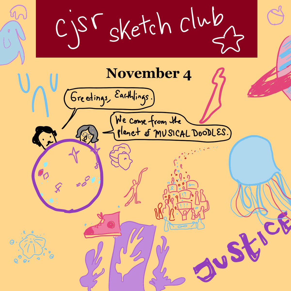 CJSR's tweet photo. Today's #CJSRSketchClub challenge: Musical doodling. Draw a 6” square. Listen to music and fill the square completely with doodles. Let your pen draw whatever the music inspires. #FunDrive2020 https://t.co/GyWrDjJXQJ