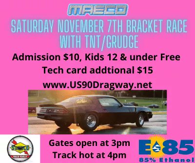 Saturday November 7th! 
Gates open at 3pm. Track goes hot at 4pm.
Bracket classes $30 buy-in per class. 100% payout 
First round buyback $20. 
#bracketracing #competition #dragracing #Dragcar #Speed #Horsepower #mobiledragway #miga