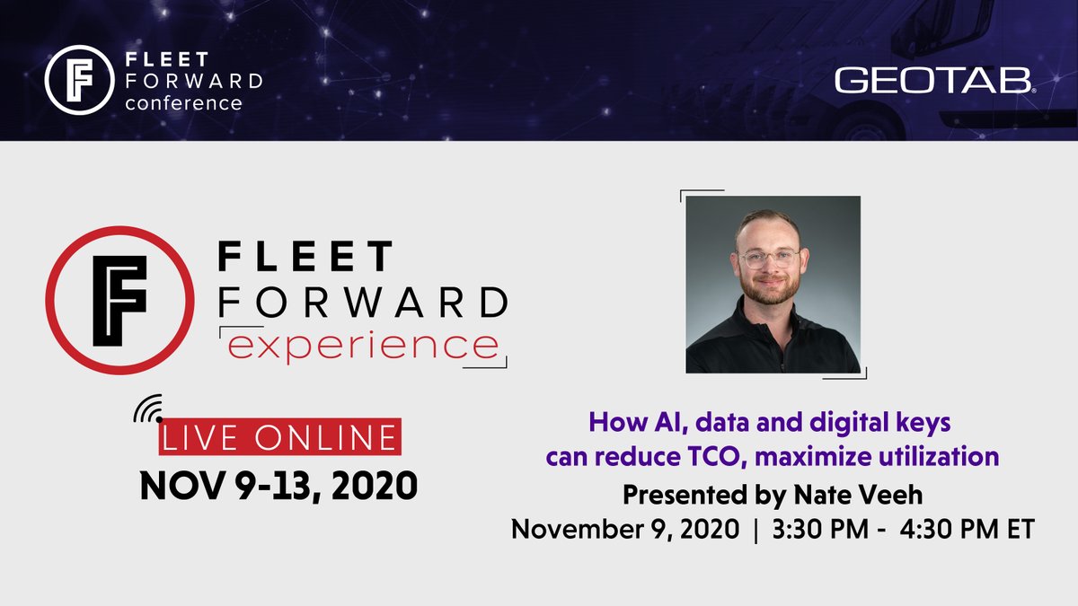 GEOTAB's tweet photo. On November 9, join Geotab's Business Development Manager of Shared Mobility, Nate Veeh, at #FleetForwardConference as he discusses how to leverage AI, data and digital keys to maximize fleet utilization. https://t.co/cydARG2BOF