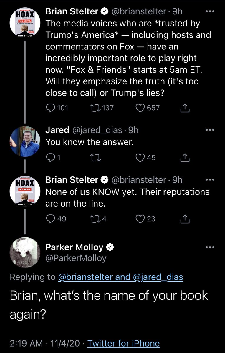 But here’s what gets me: we are four years into this.Here’s something  @brianstelter, who just released a book called “Hoax: Donald Trump, Fox News, and the Dangerous Distortion of Truth” (I read it and liked it, fwiw!), tweeted last night.