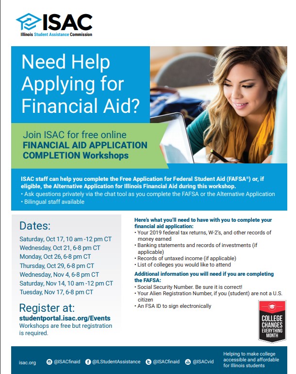 .<a href="/ISACFinAid/">ISAC</a> is offering a free webinar at 10 a.m. TOMORROW to help parents and students complete FAFSA and other financial aid applications. There will be one more webinar later in the month. Share this flyer with everyone you know. isac.org/students/befor…