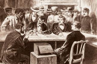 A secret committee negotiated a shadowy, backroom deal in which Democrats conceded to Hayes on the condition that Republicans cease federal occupation of the South. The Compromise of 1877 marked the end of Reconstruction and left African Americans across the South unprotected.