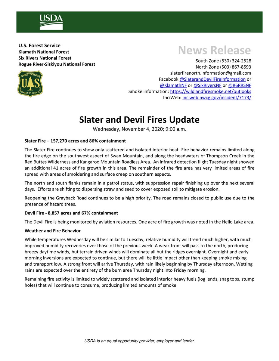 Klamath_NF's tweet photo. Slater Devil Fires Update for 11-4-2020   Rain in the forecast!  #klamathNF https://t.co/9UZMLb7Aj4