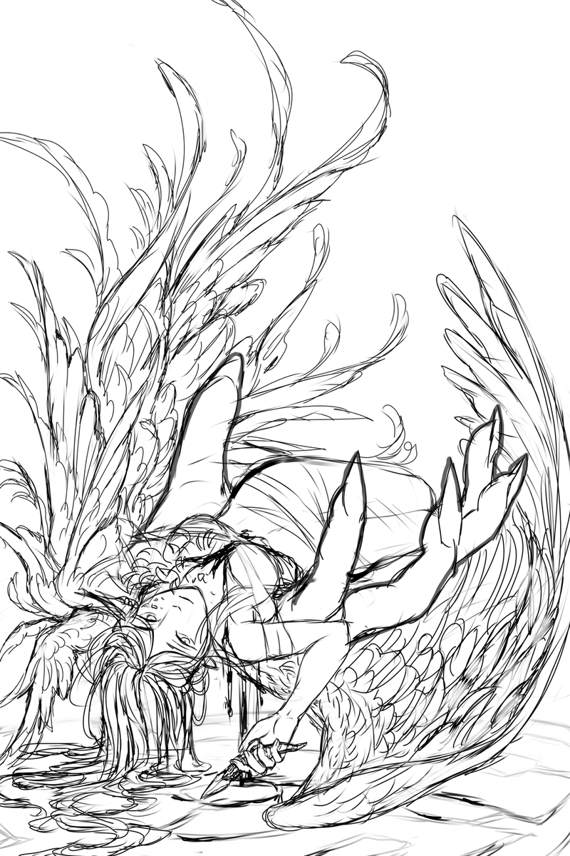 It may be unfinished, but this sketch by @Cerylune is stunning, cery is a master at pose and composition. 