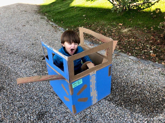 dancalista's tweet photo. Inspired by today's news of #Kleinvision successful flying car test ride. Luke and I recycled @Walmart box and @Charmin (for the seat) to make our flying car at home today. #recycled #flyingcar https://t.co/uKGE7HQLnM