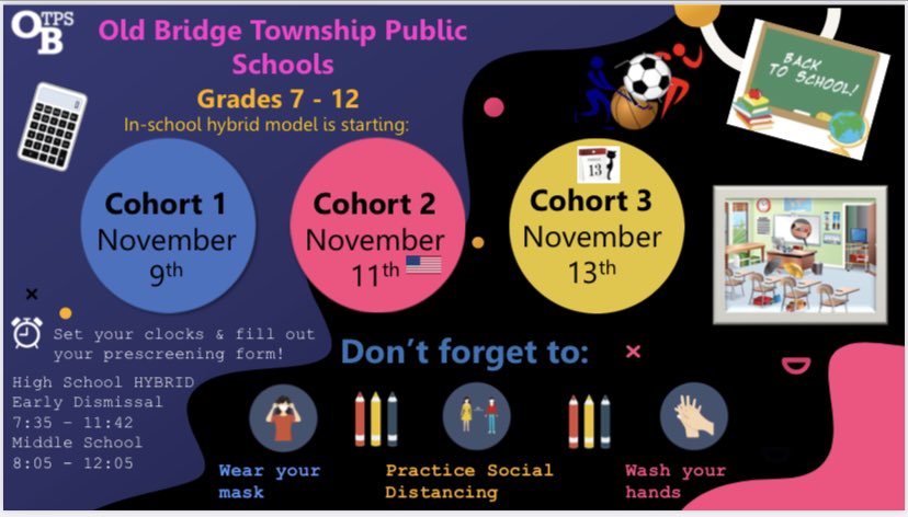 OBTPS will be closed for the NJEA Conference on Thursday &amp; Friday. November 9 we welcome back our hybrid students in grades 7-12. Please keep reporting all close contacts with COVID positive individuals to your school nurse. You are doing a great job keeping schools safe.