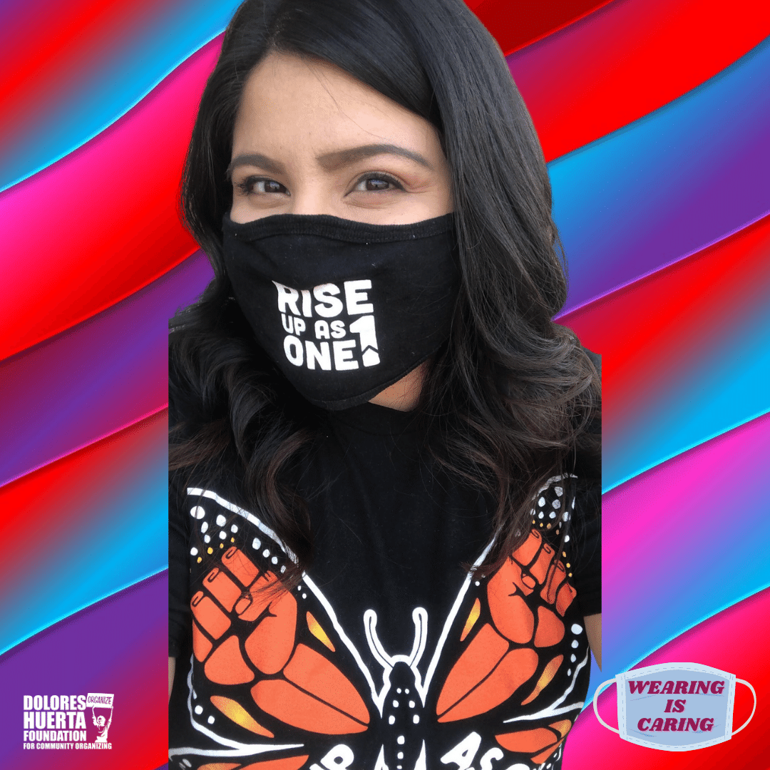 DoloresHuertaFD's tweet image. DHF Education Program Associate Ashley wears a mask while advocating for education policy reform and dismantling the school-to-prison pipeline. #WearingIsCaring