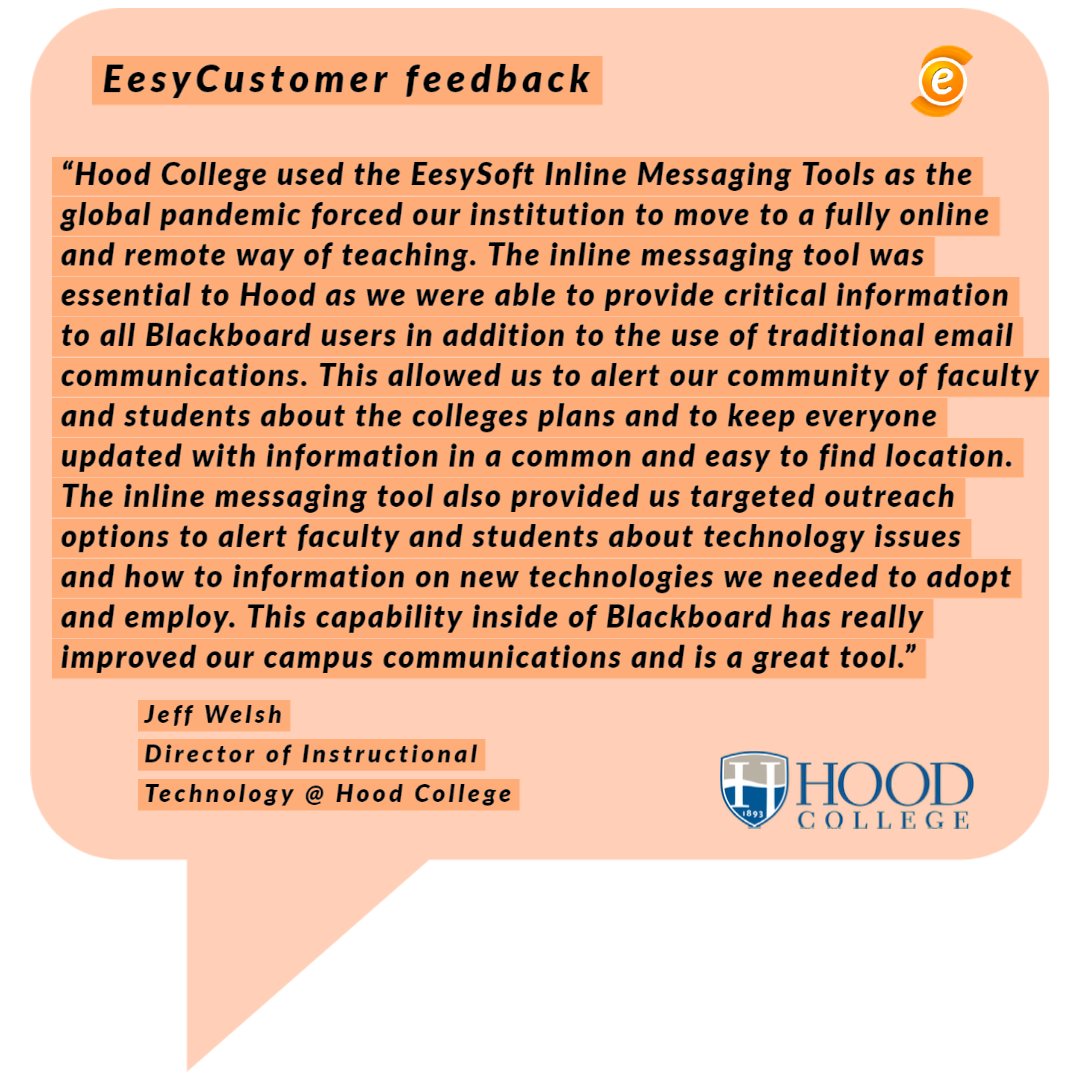 Impact_by_Inst's tweet image. Check out this awesome customer testimonial from Hood College!
Jeff Welsh,  Director of Instructional Technology gave us this great review 👇
.
.
.
#EdTech #HigherEd #EdTechAdoption #Blackboard #BlackboardUltra #MovingOnline #EesySoft #EesyCustomers
