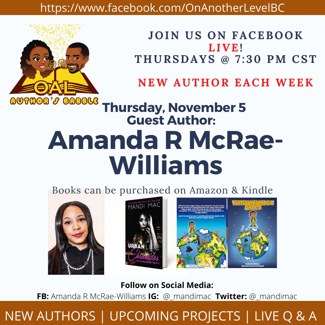 onanotherlevelb's tweet photo. Our guest will be Amanda R McRae-Willams
⁠
You can follow Amanda on Social Media:⁠
Facebook: Amanda R McRae-Williams 
Pages: Fountain Pen Publishing, LLC  + Mandi Mac Presents
Instagram: @_mandimac &amp; @fountainpenpub⁠
Twitter:  @_mandimac &amp; @fountainpenpub

⁠ https://t.co/Z5q8YBNt12