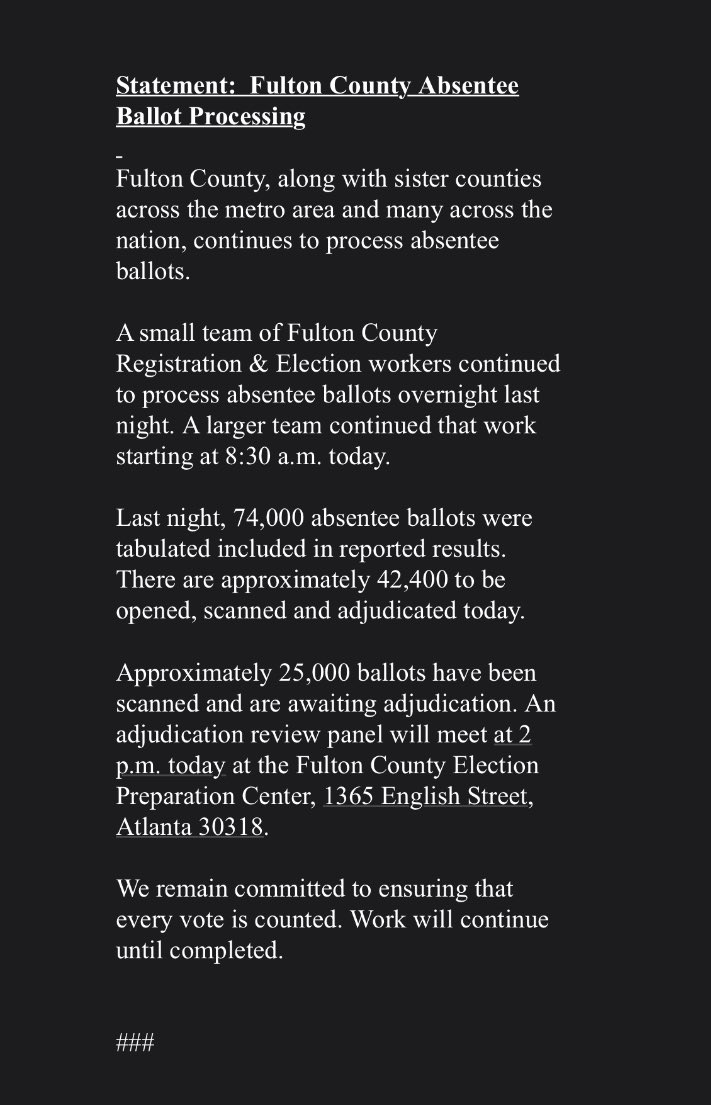 Statement from Fulton County: there are at least 67k absentees that need scanning and/or adjudicating today. That’s a big chunk of remaining votes.