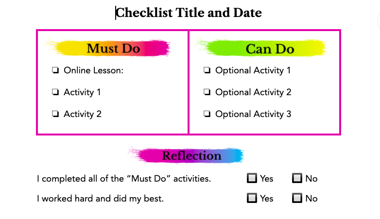 EDrabyn's tweet photo. I really like this checklist template for online or in-person learning. Great combination of teacher requirements, student choice and reflection. #pre2021 #PerfectBlendBook #MillerShift https://t.co/e4rqOv9zDP