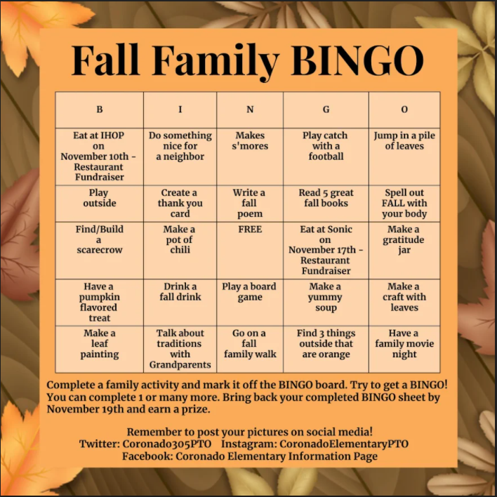 Coronado305PTO's tweet photo. Try our NEW version of Coronado Family Bingo #TogetherApart.  Cards will be sent home on November 9th.  Be watching your students' backpack! 
Students can earn prizes by completing five in a row. https://t.co/S30KgErFKs