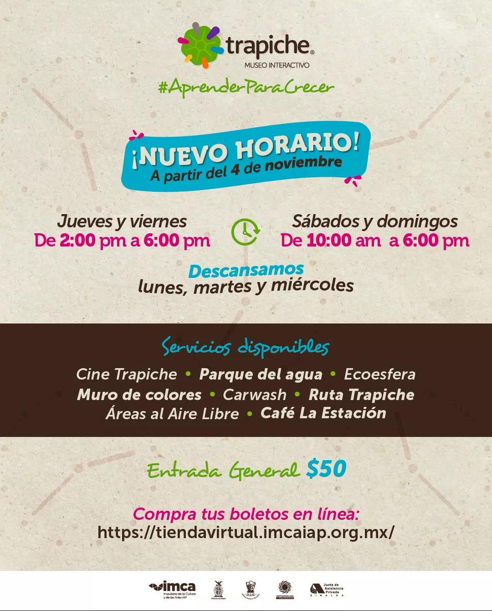 Para brindarte un mejor servicio, a partir de este 4 de noviembre Trapiche Museo Interactivo tendrá un nuevo horario de atención. 😉

Jueves y Viernes de 2:00 pm a 6:00 pm; Sábados y Domingos de 10:00 am a 6:00 pm. Descansamos los lunes, martes y miércoles. #AprenderParaCrecer💚